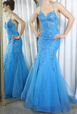 Niulatu Blue Spaghetti Straps Lace Appliques Mermaid V-Neck Tulle Long Prom Dress HZ1103