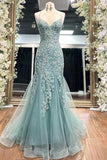 Niulatu Blue Spaghetti Straps Lace Appliques Mermaid V-Neck Tulle Long Prom Dress HZ1103