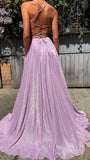 Niulatu A-Line Pink Sequin Prom Dresses V Neck Evening Dress HZ1103