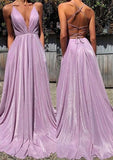 Niulatu A-Line Pink Sequin Prom Dresses V Neck Evening Dress HZ1103