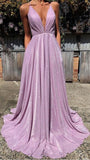 Niulatu A-Line Pink Sequin Prom Dresses V Neck Evening Dress HZ1103