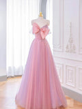 Niulatu A-line Pink Tulle Long Prom Dress with Bow, Pink Formal Dresses HZ1103