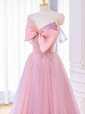Niulatu A-line Pink Tulle Long Prom Dress with Bow, Pink Formal Dresses HZ1103