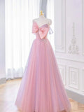 Niulatu A-line Pink Tulle Long Prom Dress with Bow, Pink Formal Dresses HZ1103