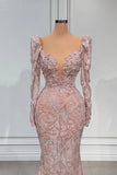 Niulatu Pink V-neck Lace Mermaid Prom Dress Evening Gowns With Long Sleeves HZ1103