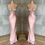 Niulatu Spaghetti-Straps Mermaid Satin Prom Dress Sleeveless With Appliques HZ1103