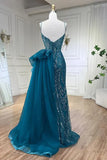 Niulatu Blue Elegant Mermaid Spaghetti Strap Tulle Beading Long Prom Dress HZ1103