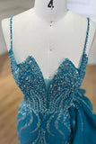 Niulatu Blue Elegant Mermaid Spaghetti Strap Tulle Beading Long Prom Dress HZ1103