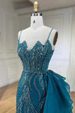 Niulatu Blue Elegant Mermaid Spaghetti Strap Tulle Beading Long Prom Dress HZ1103