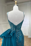 Niulatu Blue Elegant Mermaid Spaghetti Strap Tulle Beading Long Prom Dress HZ1103