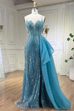 Niulatu Blue Elegant Mermaid Spaghetti Strap Tulle Beading Long Prom Dress HZ1103