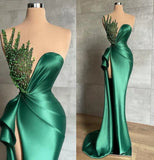 Niulatu Satin Asymmetrical High Split Beaded Floor-length Sleeveless Prom Dress HZ1103