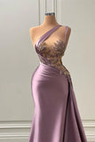 Niulatu Sleeveless Asymmetric Satin Long Prom Dress with Pleated Beadings HZ1103