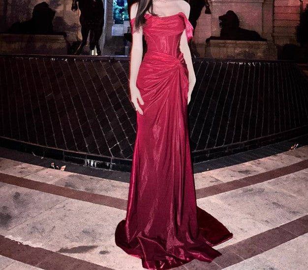 Niulatu Pleated Satin Formal Mermaid Evening Dress,Fahsion Graudation Prom Dresses with Off-the-Shoulder HZ1026