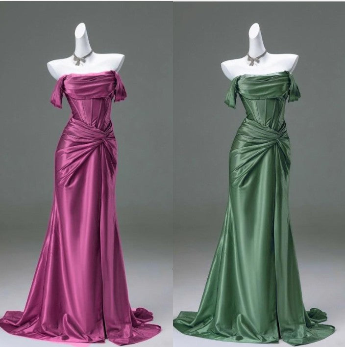 Niulatu Pleated Satin Formal Mermaid Evening Dress,Fahsion Graudation Prom Dresses with Off-the-Shoulder HZ1026
