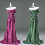 Niulatu Pleated Satin Formal Mermaid Evening Dress,Fahsion Graudation Prom Dresses with Off-the-Shoulder HZ1026