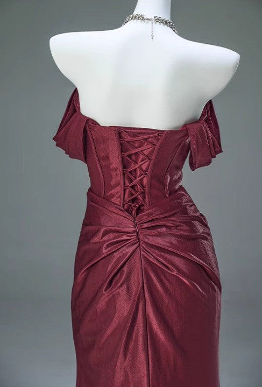 Niulatu Pleated Satin Formal Mermaid Evening Dress,Fahsion Graudation Prom Dresses with Off-the-Shoulder HZ1026