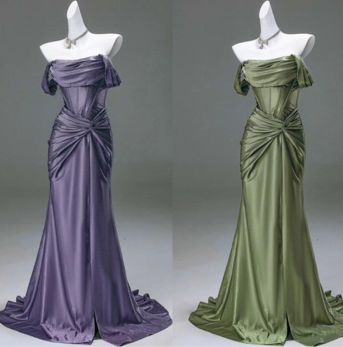 Niulatu Pleated Satin Formal Mermaid Evening Dress,Fahsion Graudation Prom Dresses with Off-the-Shoulder HZ1026