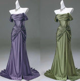 Niulatu Pleated Satin Formal Mermaid Evening Dress,Fahsion Graudation Prom Dresses with Off-the-Shoulder HZ1026