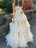 Niulatu A-Line Spaghetti Straps Long Tiered Tulle Prom Dress With Split HZ1103