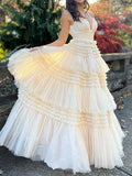 Niulatu A-Line Spaghetti Straps Long Tiered Tulle Prom Dress With Split HZ1103