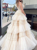 Niulatu A-Line Spaghetti Straps Long Tiered Tulle Prom Dress With Split HZ1103