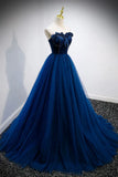 Niulatu A-line Strapless Blue Velvet And Tulle Long Prom Dress HZ1103