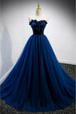 Niulatu A-line Strapless Blue Velvet And Tulle Long Prom Dress HZ1103