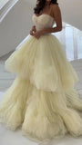 Niulatu Yellow A-Line Tulle Prom Dress, Spaghetti Straps Evening Dress HZ1103