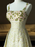 Niulatu Spaghetti Strap A-Line Colorful Satin Beaded Sequins Long Prom Dress HZ1103