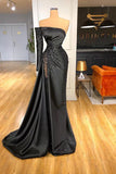 Niulatu Mermaid One Shoulder Satin Long Prom Dress Beadings Evening Dress HZ1103