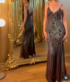 Niulatu Evening Dresses ?? Blue Satin Spaghetti Straps Coffee Chiffon Long Prom Dresses with Beading HZ1026