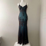 Niulatu Evening Dresses ?? Blue Satin Spaghetti Straps Coffee Chiffon Long Prom Dresses with Beading HZ1026
