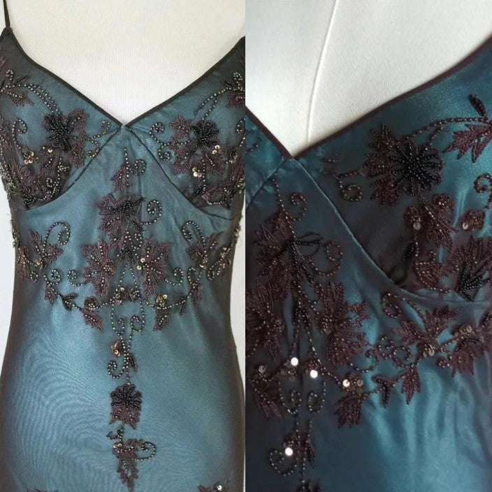 Niulatu Evening Dresses ?? Blue Satin Spaghetti Straps Coffee Chiffon Long Prom Dresses with Beading HZ1026