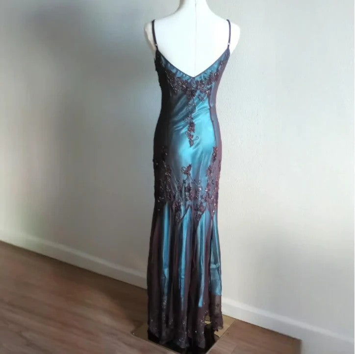Niulatu Evening Dresses ?? Blue Satin Spaghetti Straps Coffee Chiffon Long Prom Dresses with Beading HZ1026