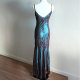 Niulatu Evening Dresses ?? Blue Satin Spaghetti Straps Coffee Chiffon Long Prom Dresses with Beading HZ1026