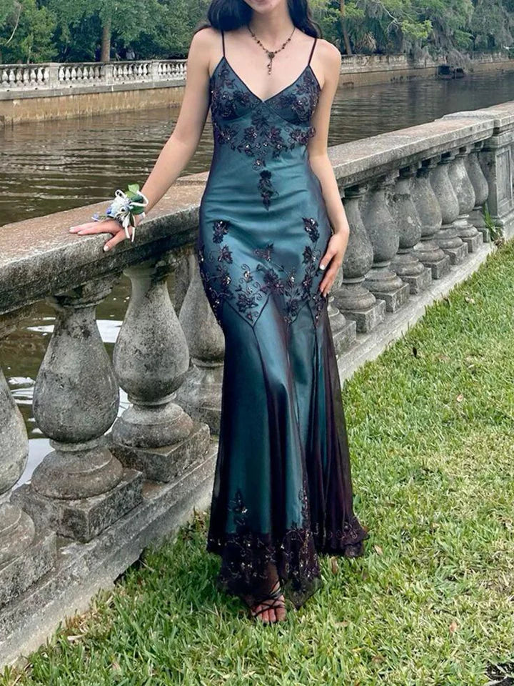 Niulatu Evening Dresses ?? Blue Satin Spaghetti Straps Coffee Chiffon Long Prom Dresses with Beading HZ1026