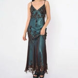 Niulatu Evening Dresses ?? Blue Satin Spaghetti Straps Coffee Chiffon Long Prom Dresses with Beading HZ1026
