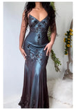 Niulatu Evening Dresses ?? Blue Satin Spaghetti Straps Coffee Chiffon Long Prom Dresses with Beading HZ1026