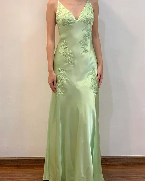 Niulatu A-Line Evening Dress Satin Spaghetti Straps Green Vintage Backless Long Prom Dresses HZ1026