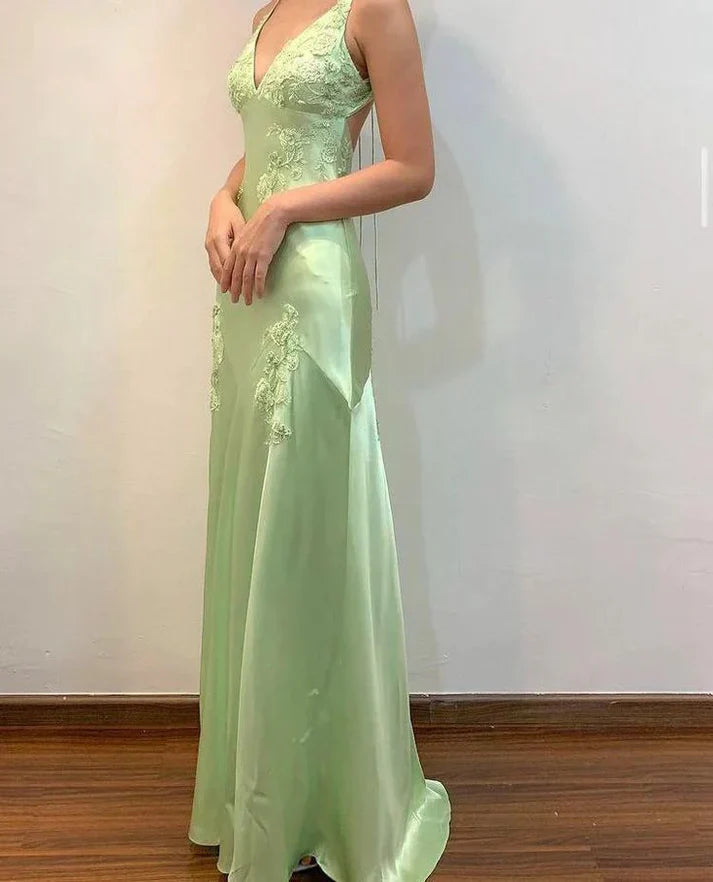 Niulatu A-Line Evening Dress Satin Spaghetti Straps Green Vintage Backless Long Prom Dresses HZ1026