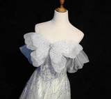 Niulatu Grey A-Line Tulle Sequin Long Prom Dress,Sweet Off-shoulder Evening Dress HZ1103