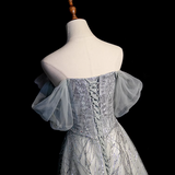 Niulatu Grey A-Line Tulle Sequin Long Prom Dress,Sweet Off-shoulder Evening Dress HZ1103