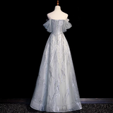 Niulatu Grey A-Line Tulle Sequin Long Prom Dress,Sweet Off-shoulder Evening Dress HZ1103