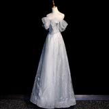 Niulatu Grey A-Line Tulle Sequin Long Prom Dress,Sweet Off-shoulder Evening Dress HZ1103