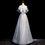 Niulatu Grey A-Line Tulle Sequin Long Prom Dress,Sweet Off-shoulder Evening Dress HZ1103