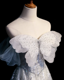 Niulatu Grey A-Line Tulle Sequin Long Prom Dress,Sweet Off-shoulder Evening Dress HZ1103