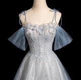 Niulatu Spaghetti Straps Tulle Sequins Long Prom Dress, Sweet Beaded Evening Dress HZ1103