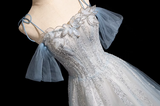 Niulatu Spaghetti Straps Tulle Sequins Long Prom Dress, Sweet Beaded Evening Dress HZ1103