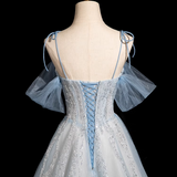 Niulatu Spaghetti Straps Tulle Sequins Long Prom Dress, Sweet Beaded Evening Dress HZ1103